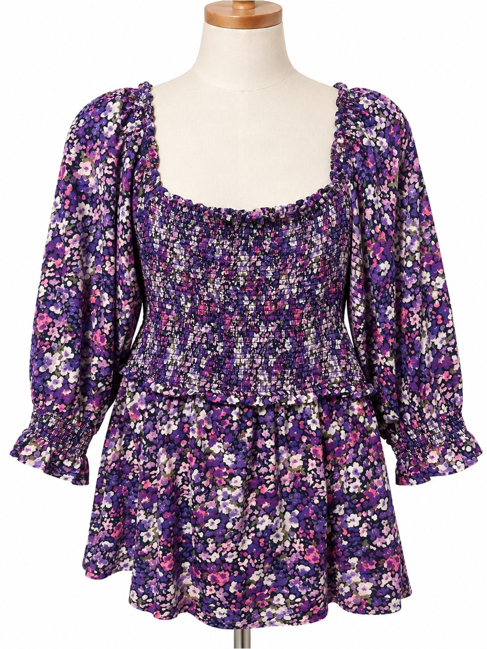 crown & ivy Purple Floral Smocked Peplum Tunic